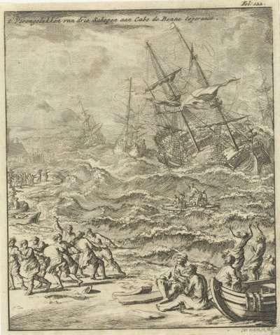 Wrak statku na Przylądku Dobrej Nadziei, 1693 Rozbicie trzech statków w Cabo de Bonne Esperance (tytuł na obiekcie) autorstwa Jan Luyken
