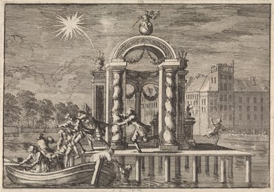 Pirotechnicy uciekający przed dużą dekoracją na Vijverberg w Hadze na cześć narodzin syna króla Jakuba II, 1688 autorstwa Jan Luyken