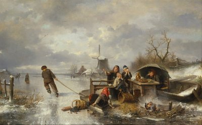 Dzieci bawiące się na zamarzniętym jeziorze w zimowym krajobrazie (olej na płótnie) autorstwa Jan Mari Henri Ten Kate
