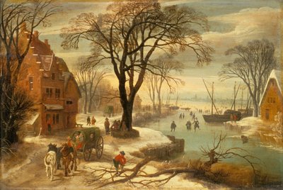 Zimowy pejzaż z mieszczanami na lodzie (olej) autorstwa Jan and Momper Joos de Brueghel