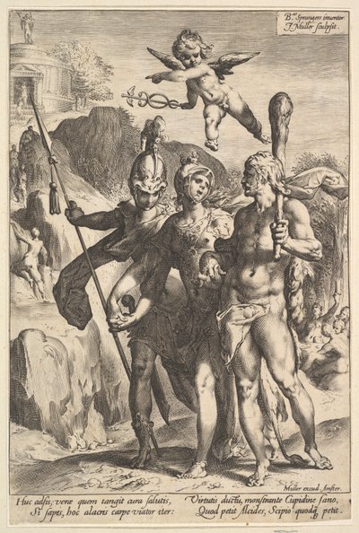 Herkulesowi wskazywane górzystą drogę do Świątyni Nieśmiertelnej Sławy w Kompanii..., ok. godz. 1591. autorstwa Jan Muller