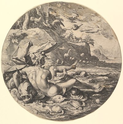 Dzień piąty umiera V, z cyklu Stworzenie świata, ca. 1597. autorstwa Jan Muller