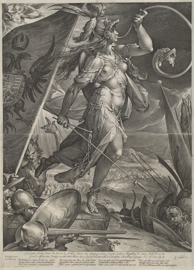 Bellona dowodząca armią cesarską przeciwko Turkom autorstwa Jan Muller after Bartholomaeus Spranger