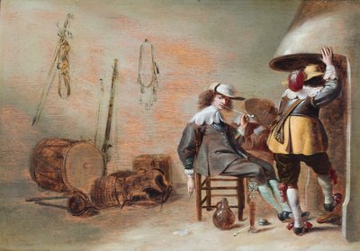 Wnętrze wartowni z kawalerzystami przy ognisku (olej na płycie) autorstwa Jan Olis