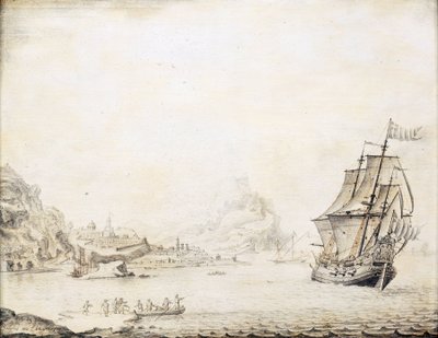 Brytyjski statek u wybrzeży Satalii (Turcja) w 1677 roku, otoczony skalistym wybrzeżem ze starożytnymi murami miejskimi i minaretami. Olej na drewnie autorstwa Jan Peeters