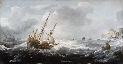 Statki podczas burzy na skalistym wybrzeżu - Peinture de Jan Porcellis (1582/5-1632) - 1614-1618 - Olej na drewnie - 35x67 - Hallwylska Museet, Sztokholm autorstwa Jan Porcellis