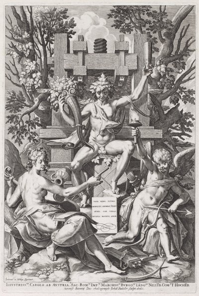 Bachus siedzący na beczce między Amorem a muzyką autorstwa Jan Sadeler I, after Joos van Winghe