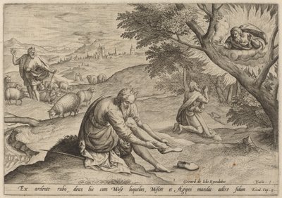 Bóg ukazuje się Mojżeszowi autorstwa Jan Sadeler I, after Maarten van Cleef