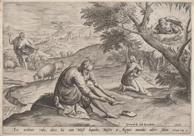 Bóg ukazuje się Mojżeszowi autorstwa Jan Sadeler I, after Maarten van Cleef