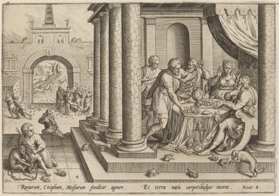 Plaga żab autorstwa Jan Sadeler I, after Maarten van Cleef