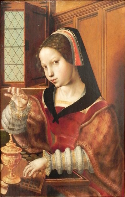 Niemiecki: Die Goldwägerin Kobieta ważąca złoto
 Tytuł(y) alternatywny(e):  
Woman Holding a Balance autorstwa Jan Sanders van Hemessen