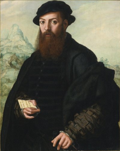 Portret brodatego mężczyzny w wieku 34 lat na tle rozległego krajobrazu autorstwa Jan Sanders van Hemessen
