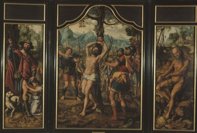 Tryptyk Męczeństwo Świętego Sebastiana (środkowy panel): Święty Roch (lewy panel), Święty Onufry (prawy panel), Święty Piotr (rewers prawego panelu), Święty Szczepan (rewers lewego panelu), między 1525 a 1566 (olej) autorstwa Jan Sanders van Hemessen