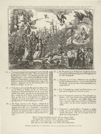 Alegoria mianowania Wilhelma IV namiestnikiem Republiki, 1747 Wizerunek Radości, popełniony we wszystkich Steeden Siedmiu zjednoczonych Prowincji, przez mianowanie (...) Willema Carela Henrika Friso (...) jako Stadtholder, Capitein i autorstwa Jan Smit (II)