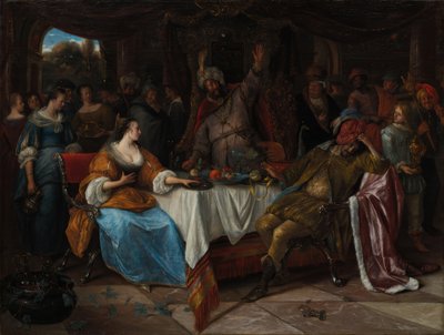 Estera, Aswerus i Haman autorstwa Jan Steen