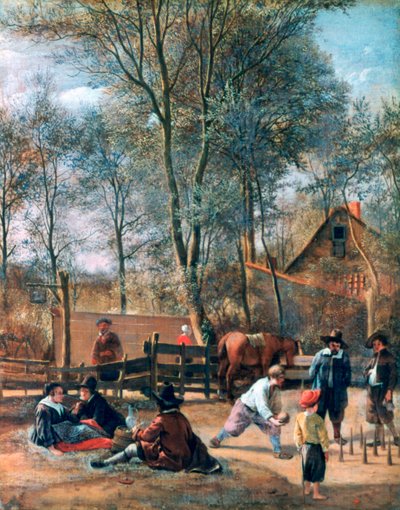 „Gracze w kręgle przed karczmą”, c1660 autorstwa Jan Steen