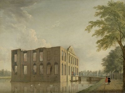 Zamek Berckenrode w Heemstede po pożarze Zamek Berkenrode, Heemstede, po pożarze w dniach 4-5 maja 1747 r.: widok z boku autorstwa Jan Ten Compe