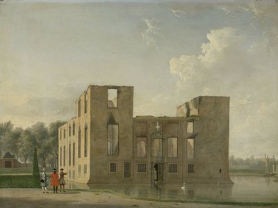Widok z tyłu zamku Berckenrode w Heemstede po pożarze Zamek Berkenrode, Heemstede, po pożarze w dniach 4-5 maja 1747 r.: widok z tyłu autorstwa Jan Ten Compe