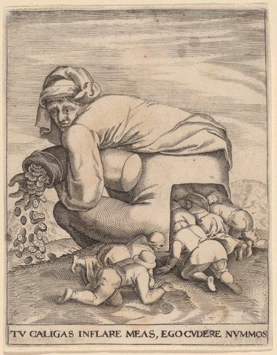 Człowiek z workiem pieniędzy i jego pochlebcami autorstwa Jan Theodor de Bry after Pieter Bruegel the Elder