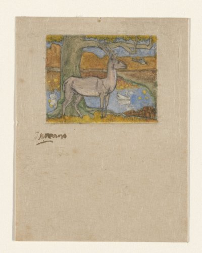 Jeleń w pobliżu drzewa przed stawem Jeleń przy drzewie (tytuł oryginalny) autorstwa Jan Toorop (signed by artist)