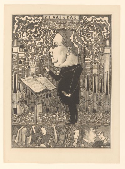 Dyrygent ze skrzypcami i dymiącymi kominami z tyłu Skarb Państwa / Miasta Ognisk (tytuł oryginalny) autorstwa Jan Toorop