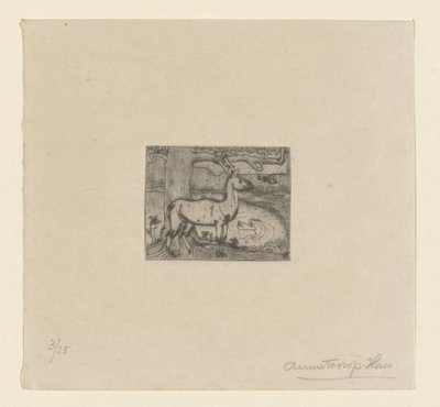 Jeleń w pobliżu drzewa przed stawem Jeleń przy drzewie (tytuł oryginalny) autorstwa Jan Toorop