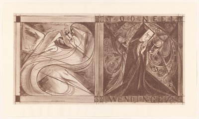 Pokrowiec na Twisty z zakonnicą z kwiatami i dwoma duchami, jeden z maską w ręku autorstwa Jan Toorop