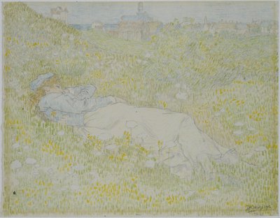 Kobieta leżąca na wydmach w pobliżu Noordwijk Dziewczyna leżąca na trawie z sylwetką Noordwijk w tle autorstwa Jan Toorop
