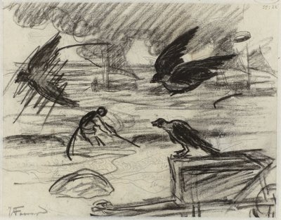 Pejzaż morski z rybakiem, na pierwszym planie taczka z ptakami autorstwa Jan Toorop