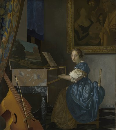 Młoda kobieta siedzi w dziewiczym. Około 1670-72 autorstwa Jan Vermeer van Delft