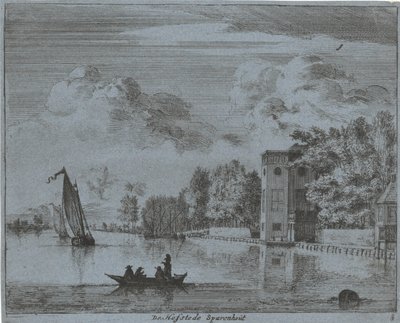 Widok na domostwo Savenhout w Haarlemie Hofstede Sparenhout (tytuł na obiekcie) Krajobrazy obszaru Haarlem (tytuł serii) Gesigten poza Haarlem, gotowe. J.V.V. (tytuł serii na obiekcie) autorstwa Jan Vincentsz. van der Vinne