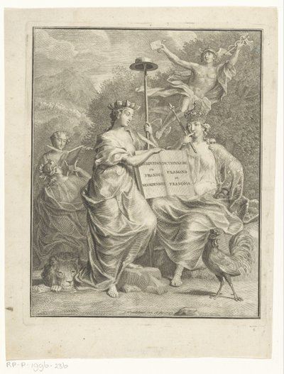 Personifikacje austriackich Niderlandów i Francji Słownik niderlandzki i francuski / Dictionnaire Flamand et François (tytuł na obiekcie) Strona tytułowa dla: François Halma, Duży słownik francuskiego i Nederduitsch, 1761 autorstwa Jan Wandelaar