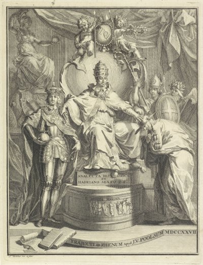 Na tronie Adrian VI Tytuł strony dla: Burmann, Kasper. Hadrianus VI lub historyczna anakleta Hadrianusa szóstego papieża rzymskiego, 1727 autorstwa Jan Wandelaar