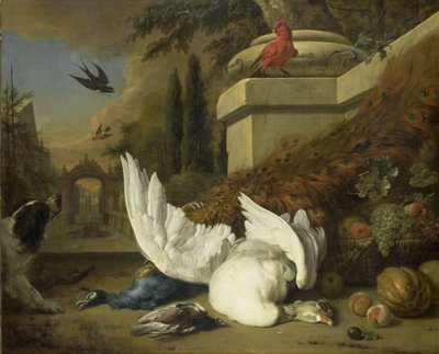 Pies z martwą gęś i pawie (Studium dziczyzny i owoców) autorstwa Jan Baptist Weenix
