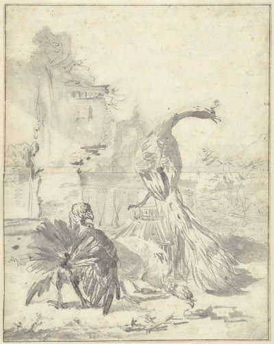 Hoenderhof z pawiem i dwoma indykami autorstwa Jan Baptist Weenix