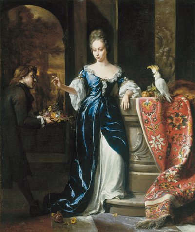 Portret Lodewiny Schey w niebieskiej sukience, z opiekunką niosącą kwiaty autorstwa Jan Baptist Weenix
