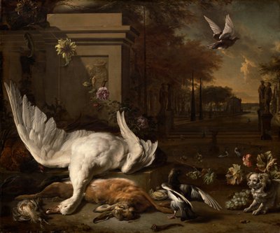 Martwa natura z łabędziem i zwierzyną przed posiadłością wiejską, c. 1685. autorstwa Jan Baptist Weenix