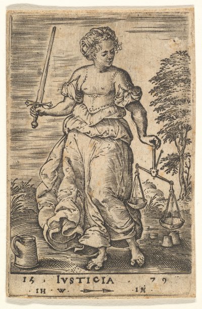 Sprawiedliwość, alegoryczna postać trzymająca wagę w lewej ręce i miecz w prawej..., 1579. autorstwa Jan Wierix