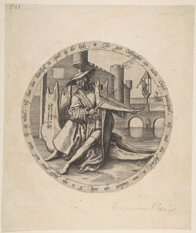 Bogacz grający na skrzypcach na kości szczęki, ca. 1568. autorstwa Jan Wierix