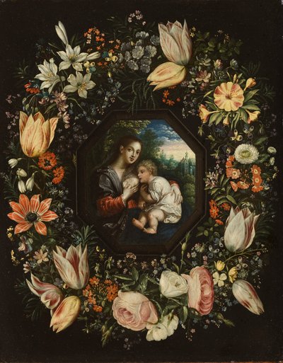 Madonna z Dzieciątkiem w wianku z kwiatów, ok. 1625 (olej na miedzi) autorstwa Jan and Balen, Hendrik van Brueghel