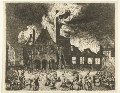 Pożar w Starym Ratuszu w Amsterdamie, 1652 Wizerunek dawnych Stadthuys spalonych do Amsterdamu 7 lipca 1652 r. autorstwa Jan de Baen