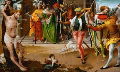 Męczeństwo św. Sebastiana - Jan De Beer (ok. 1475-1528). Olej na drewnie, ok. 1510. Wymiar : 25,5x41,5 cm. Muzeum Historii Sztuki, Wiedeń autorstwa Jan de Beer