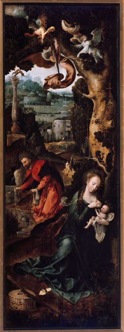 Tryptyk Pokłon Trzech Króli, nativite i odpoczynek podczas lotu do Egiptu Fragment lewego panelu przedstawiający odpoczynek podczas lotu do Egiptu autorstwa Jan de Beer