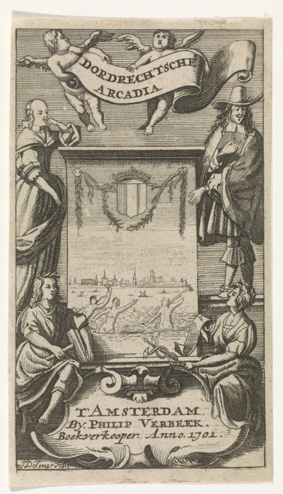 Cztery postacie wokół ramy z widokiem Dordrecht Strona tytułowa dla: Dordrechtsche Arcadia, 1701 autorstwa Jan de Jonge