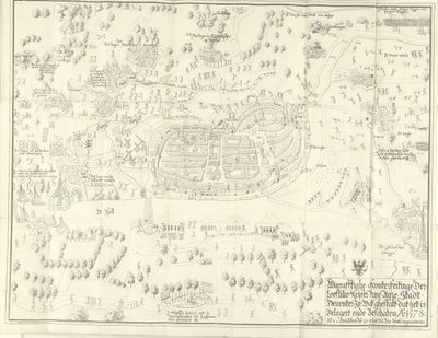 Oblężenie i zdobycie Deventer, 1578 Waerafftighe afconterfeitinge der loeflike Keyser free Anze Stadt Deventer W jakim ghestalt to Belgert onde Beschaten Ao. 1578 (tytuł na obiekcie) autorstwa Jan de Lange (II) (signed by artist)