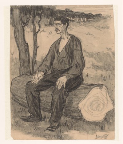 Mężczyzna siedzący na pniu drzewa autorstwa Jan de Waardt (signed by artist)