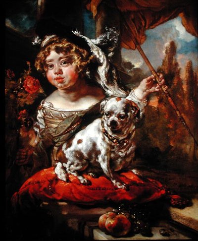 Portret chłopca w kapeluszu z pióropuszem, trzymającego sokoła i włócznię, z mopsem siedzącym przed nim autorstwa Jan or Joan van Noordt