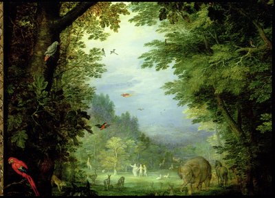 Ziemia lub ziemski raj, detal Adama i Ewy z Bogiem i innymi zwierzętami, 1607-08 olej na detalu miedzi z 93899 autorstwa Jan the Elder Brueghel