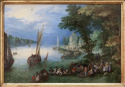 Scena rzeczna lub barka, Obraz olejny na miedzi Jana Bruegla, dit Bruegel de Velours (1568-1625), ok. 1605. Wymiary: 24 x 36 cm. Fotografia, KIM Youngtae, Nantes, Musee des Beaux Arts de Nantes. autorstwa Jan the Elder Brueghel