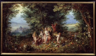 Cztery żywioły: Alegoria „Ziemia”. Widok raju Ziemi. Obraz Jana Brueghela Le Vieux nazywa Brueghel de Velours (Brueghel lub Brueghel autorstwa Jan the Elder Brueghel